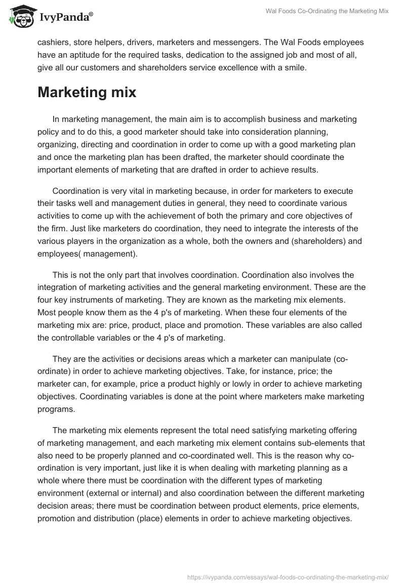 Wal Foods Co-Ordinating the Marketing Mix. Page 2