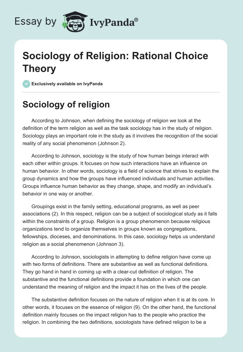 Sociology of Religion: Rational Choice Theory. Page 1