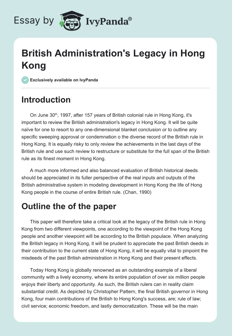 British Administration's Legacy in Hong Kong. Page 1