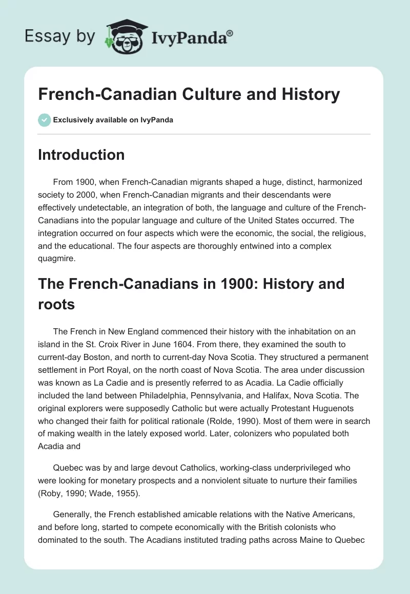 French-Canadian Culture and History. Page 1