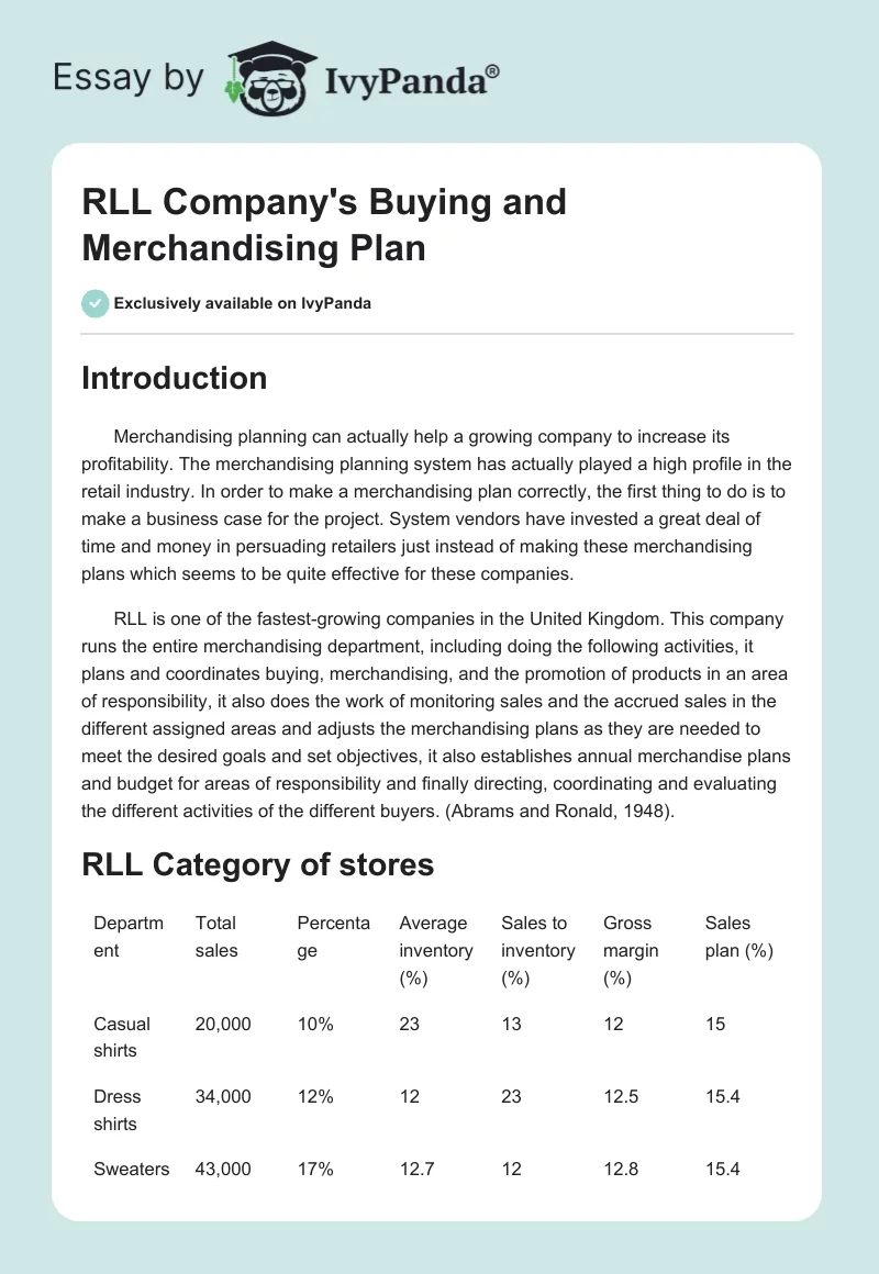RLL Company's Buying and Merchandising Plan. Page 1