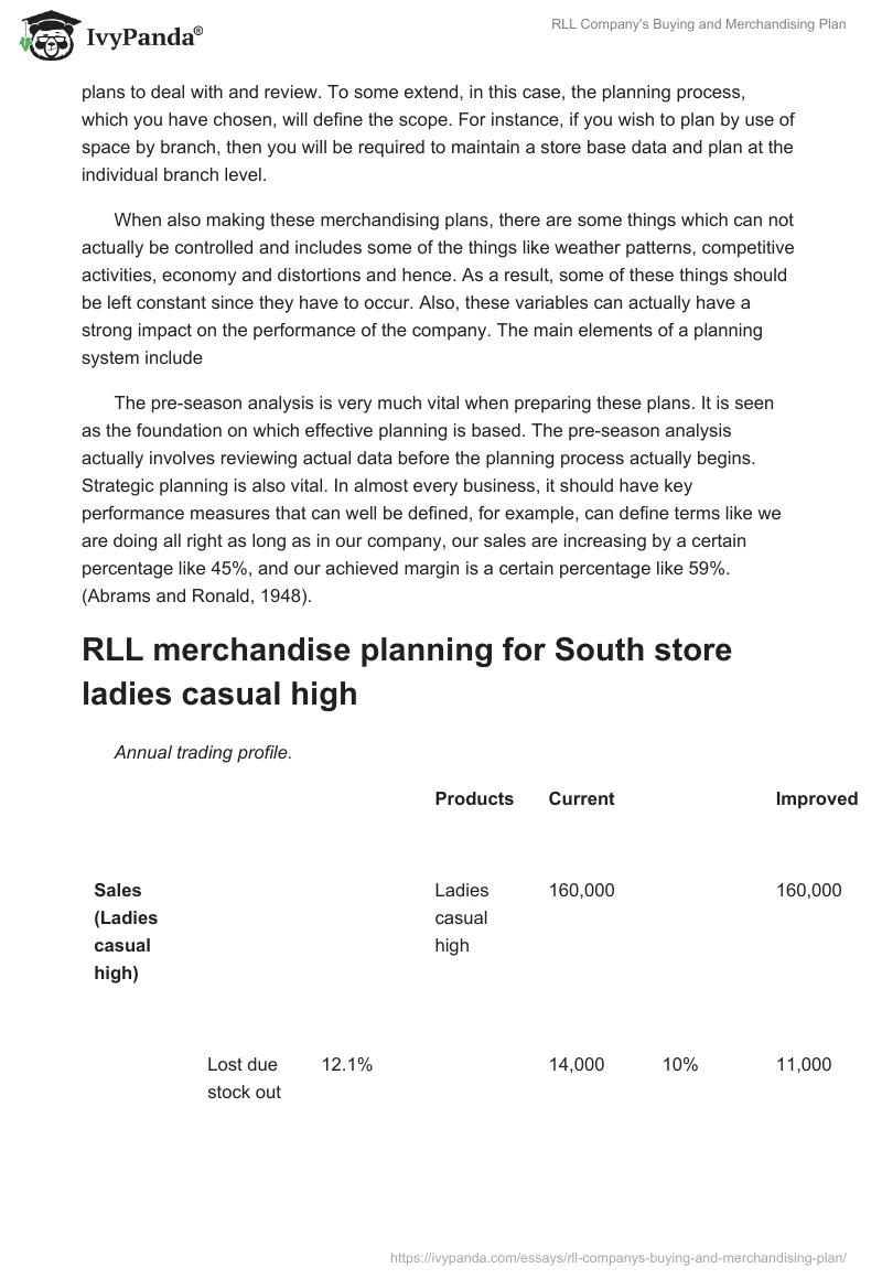 RLL Company's Buying and Merchandising Plan. Page 3