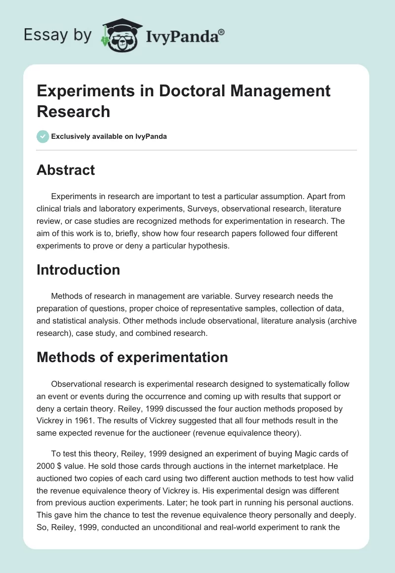 Experiments in Doctoral Management Research. Page 1