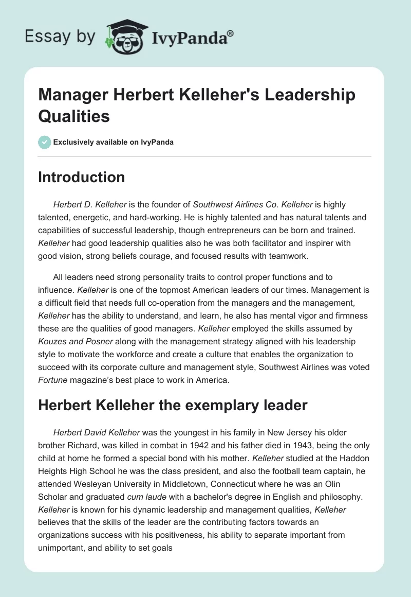 Manager Herbert Kelleher's Leadership Qualities. Page 1