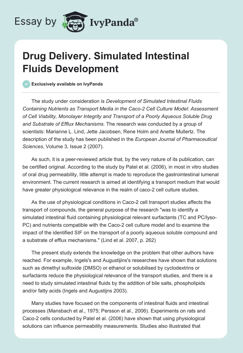 Drug Delivery. Simulated Intestinal Fluids Development. Page 1