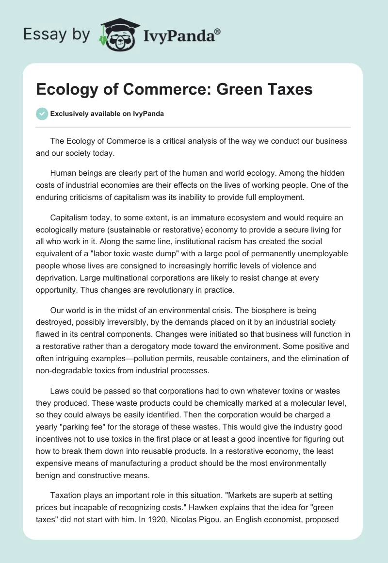 Ecology of Commerce: Green Taxes. Page 1