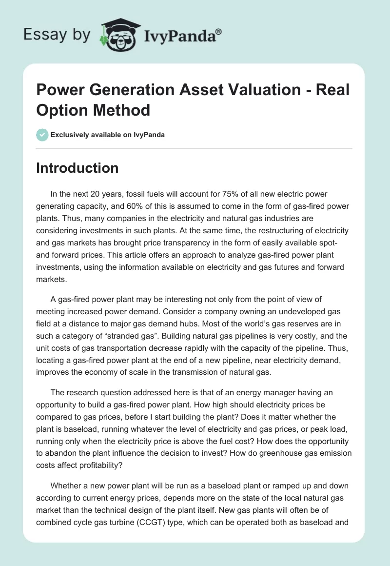 Power Generation Asset Valuation - Real Option Method. Page 1