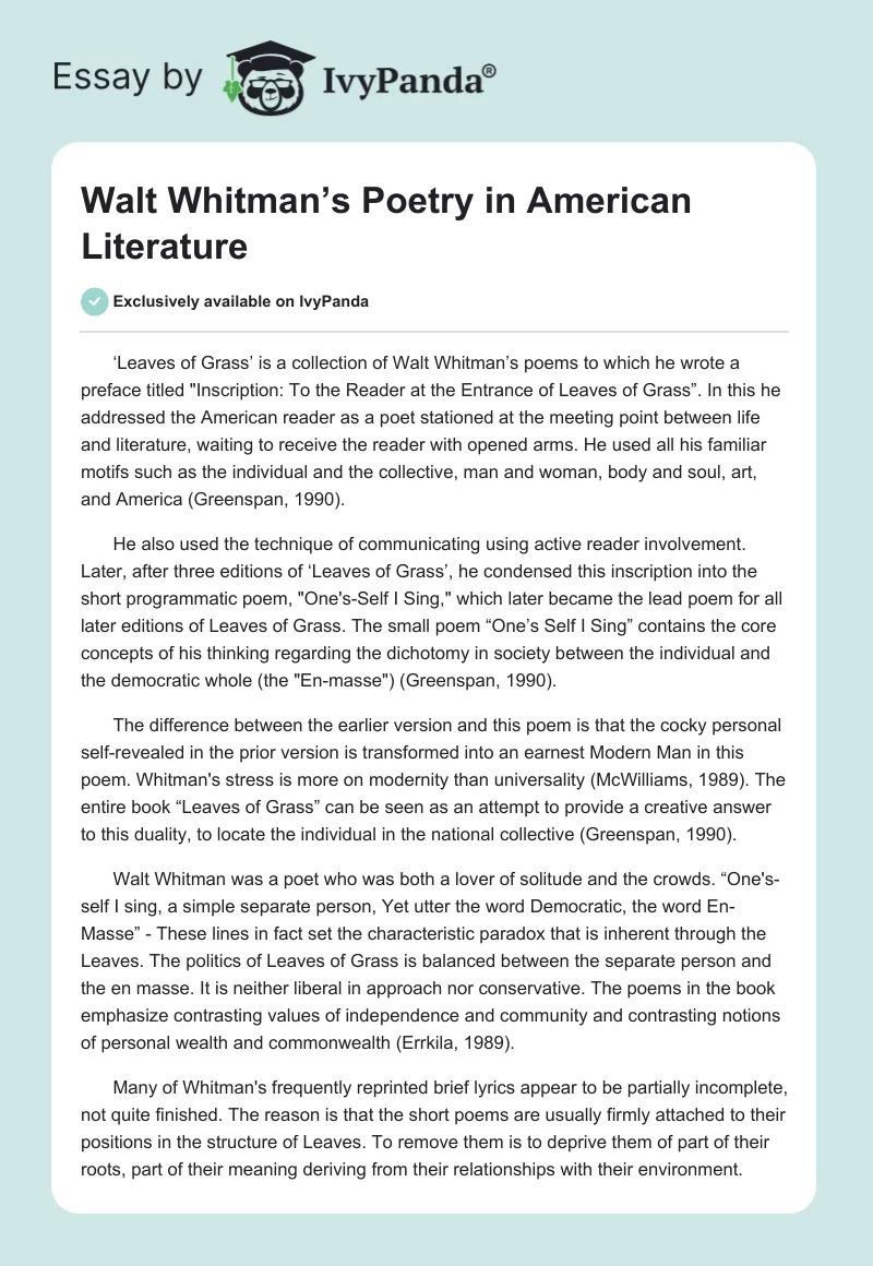 Walt Whitman’s Poetry in American Literature. Page 1
