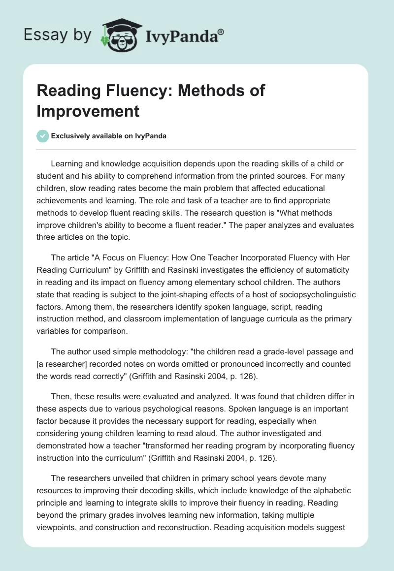 Reading Fluency: Methods of Improvement. Page 1
