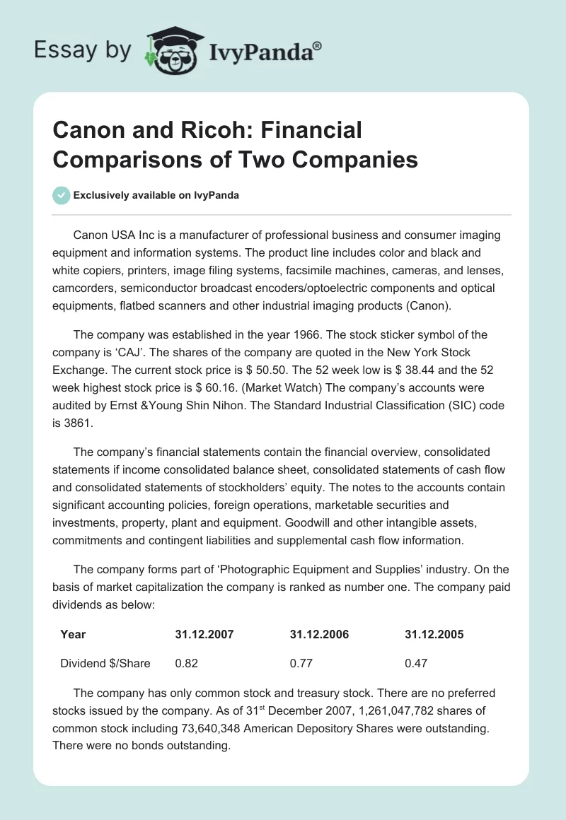 Canon and Ricoh: Financial Comparisons of Two Companies. Page 1