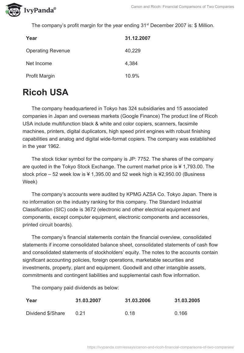 Canon and Ricoh: Financial Comparisons of Two Companies. Page 2