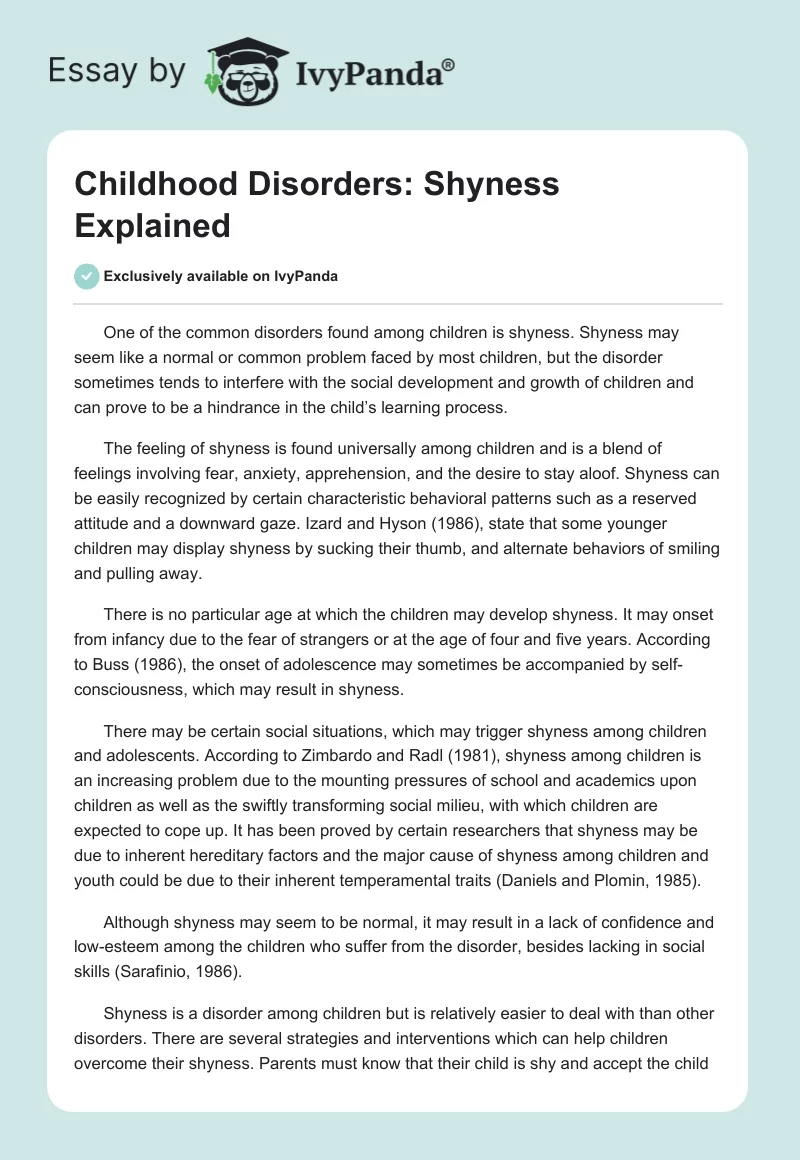 Childhood Disorders: Shyness Explained. Page 1