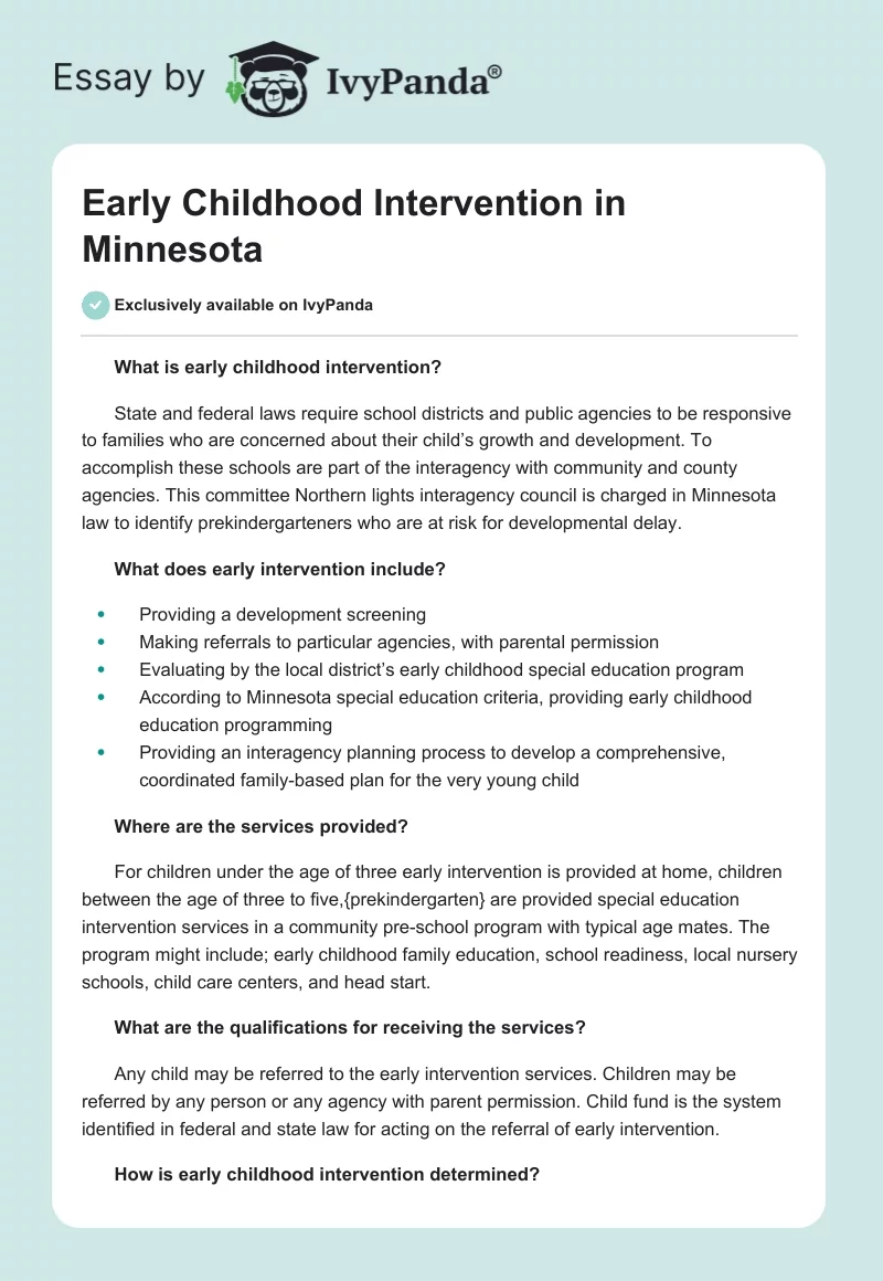 Early Childhood Intervention in Minnesota. Page 1