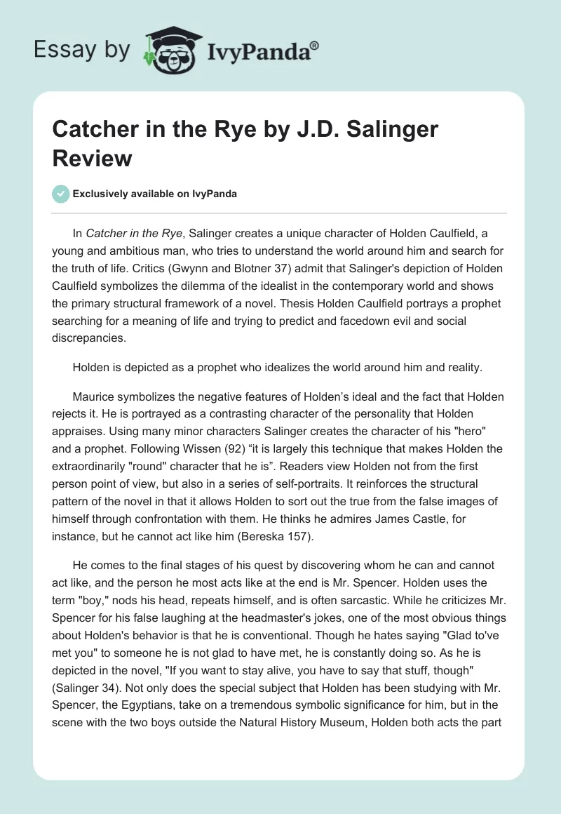 "The Catcher in the Rye" by J.D. Salinger Review. Page 1