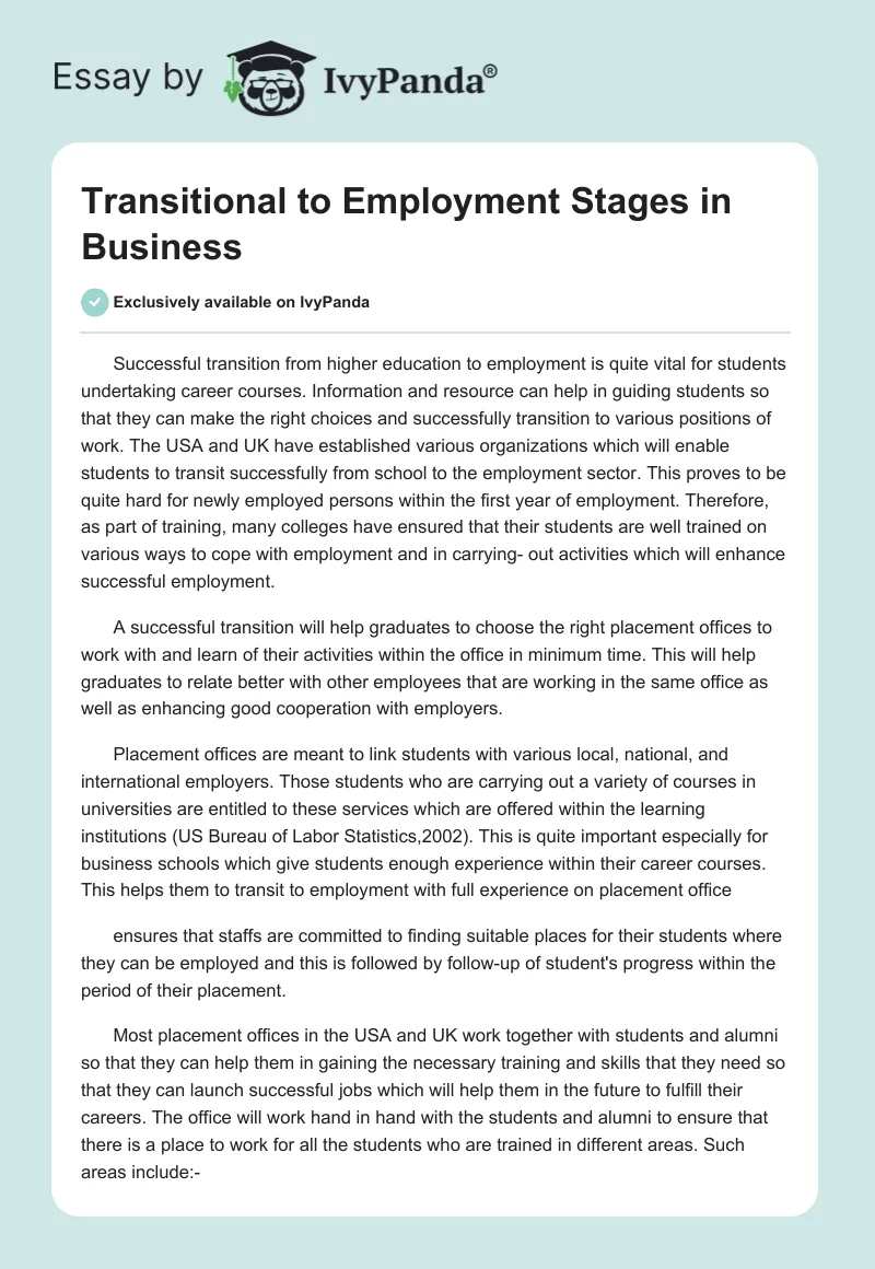 Transitional to Employment Stages in Business. Page 1