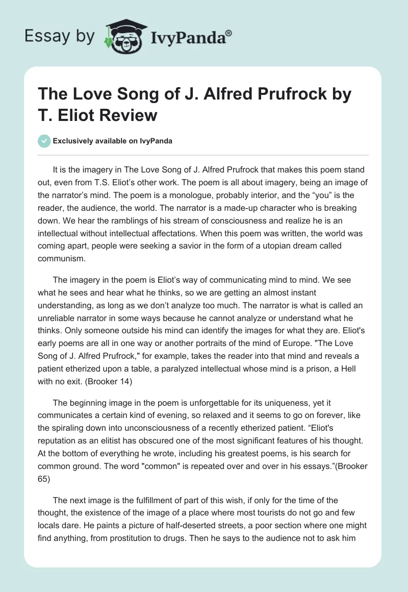 The Love Song of J. Alfred Prufrock by T. Eliot Review. Page 1