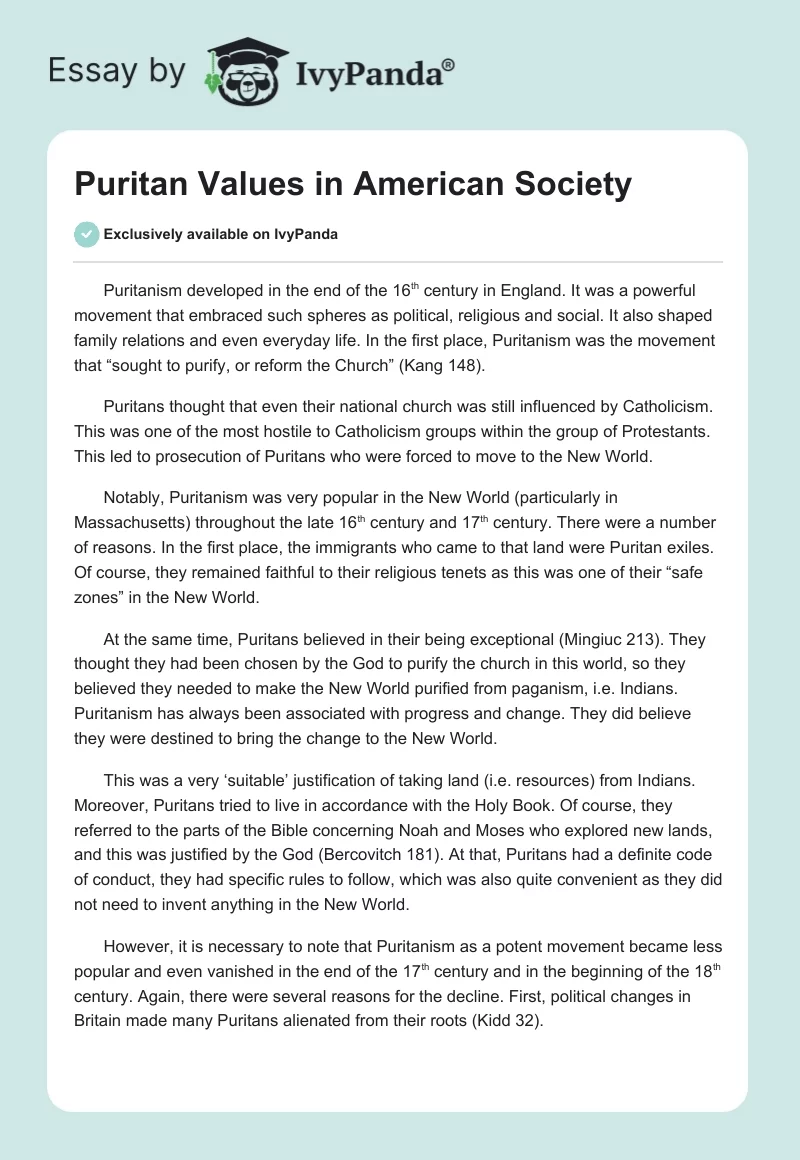 Puritan Values in American Society. Page 1
