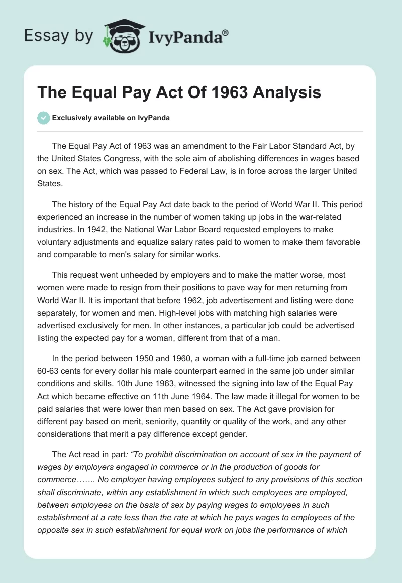 Equal Pay Act of 1963: Overview, Benefits, Criticisms, FAQ