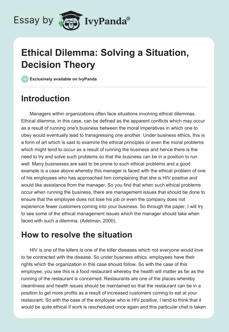 Ethical Dilemma: Solving a Situation, Decision Theory. Page 1