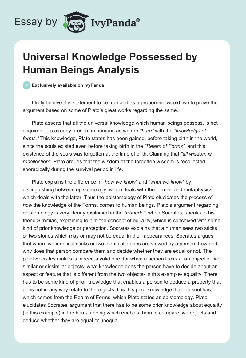 Universal Knowledge Possessed by Human Beings Analysis. Page 1