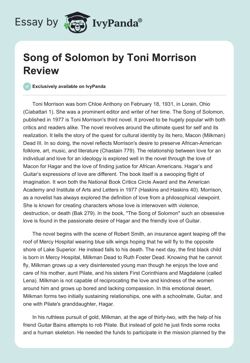 Song of Solomon by Toni Morrison Review. Page 1
