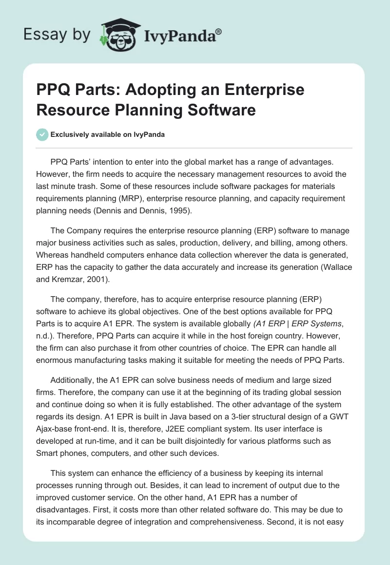 PPQ Parts: Adopting an Enterprise Resource Planning Software. Page 1