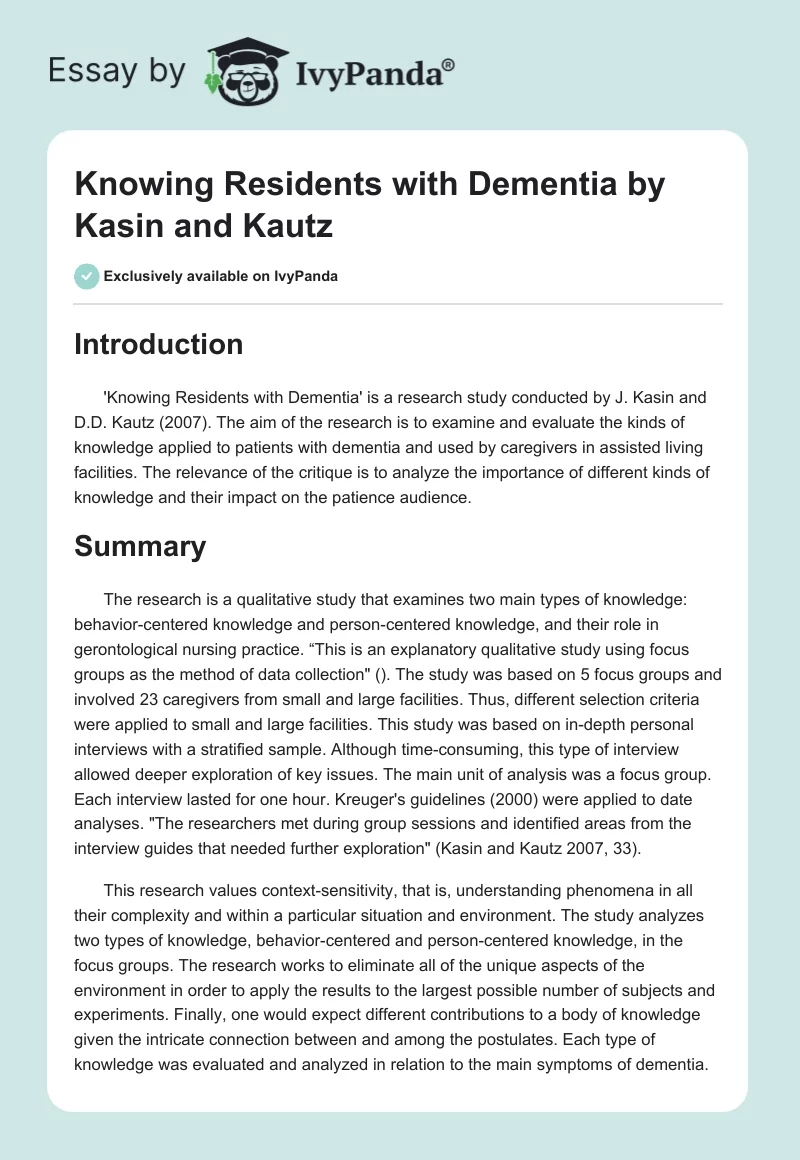 "Knowing Residents With Dementia" by Kasin and Kautz. Page 1