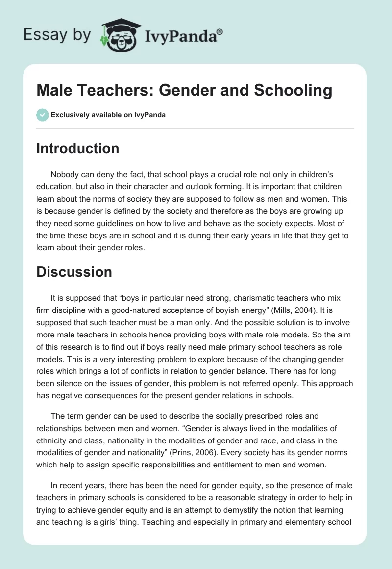 Male Teachers: Gender and Schooling. Page 1