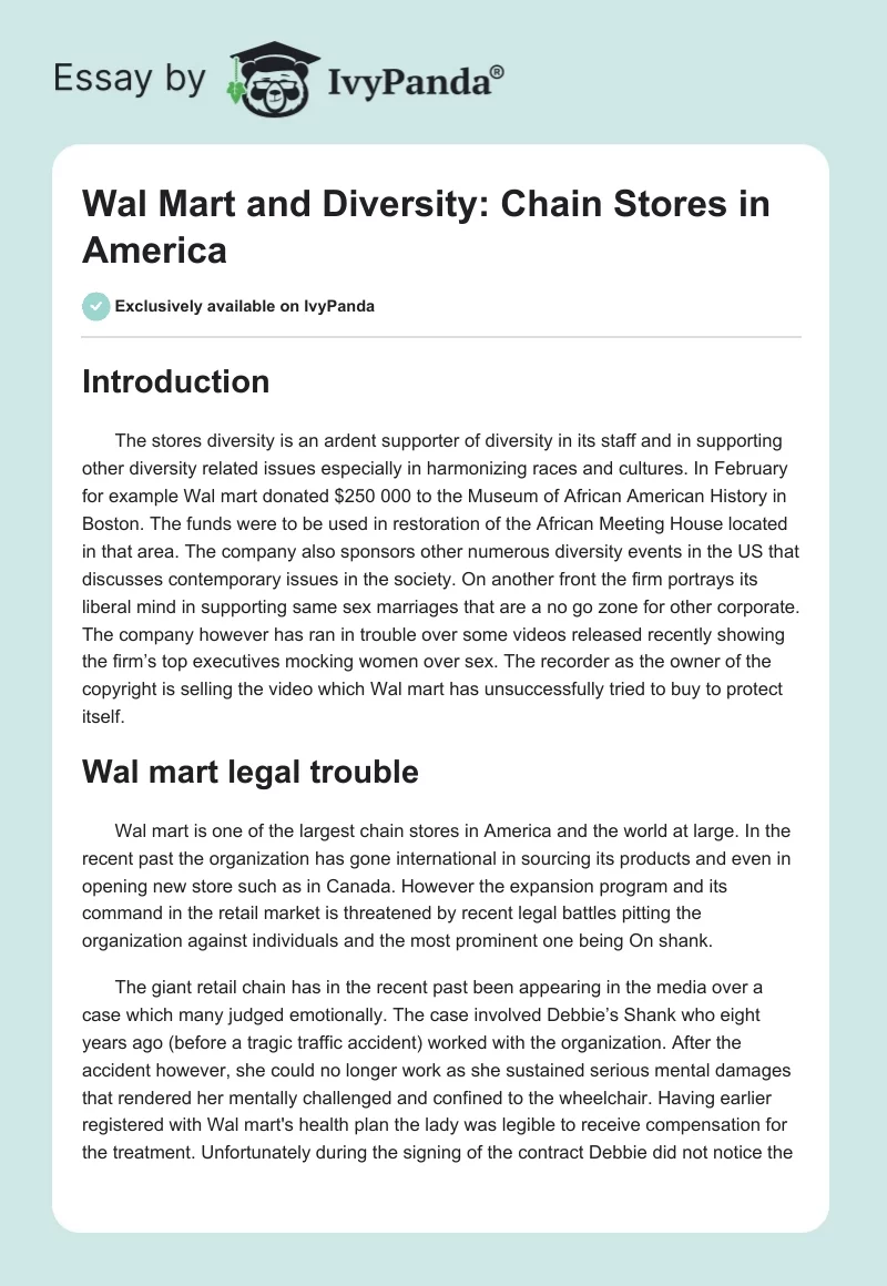 Wal Mart and Diversity: Chain Stores in America. Page 1