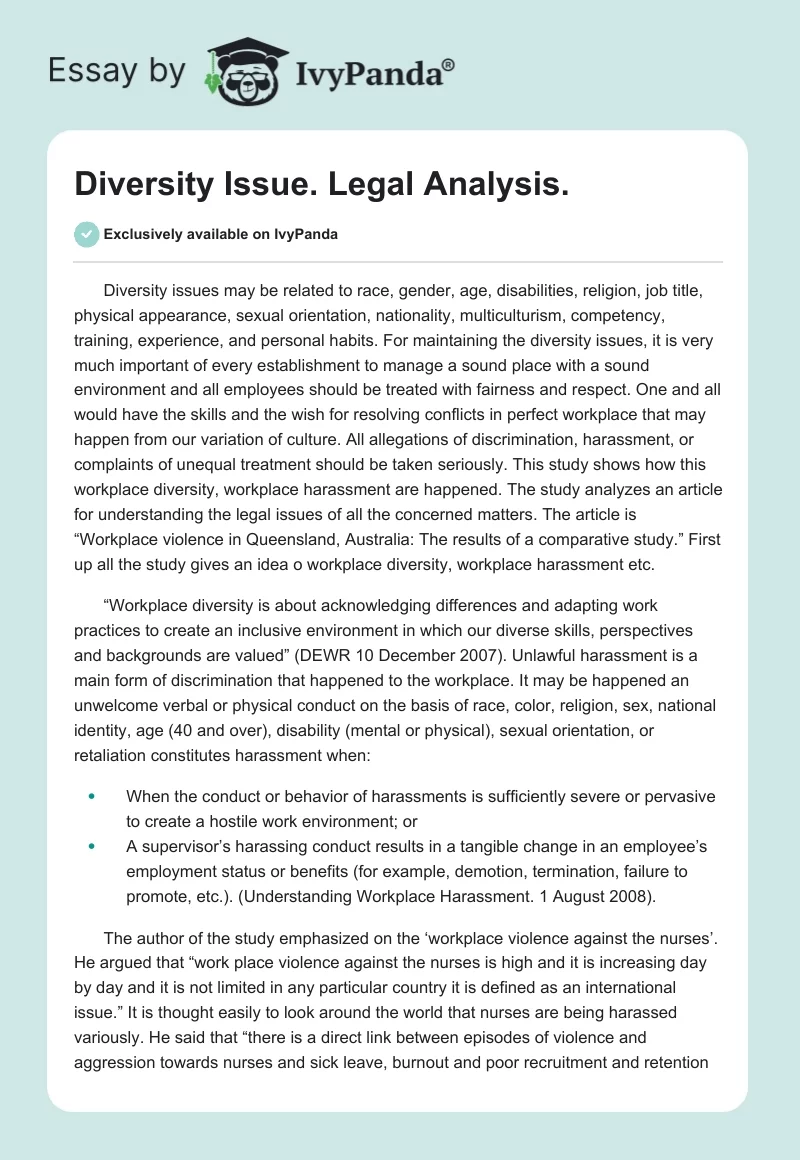 Diversity Issue. Legal Analysis.. Page 1