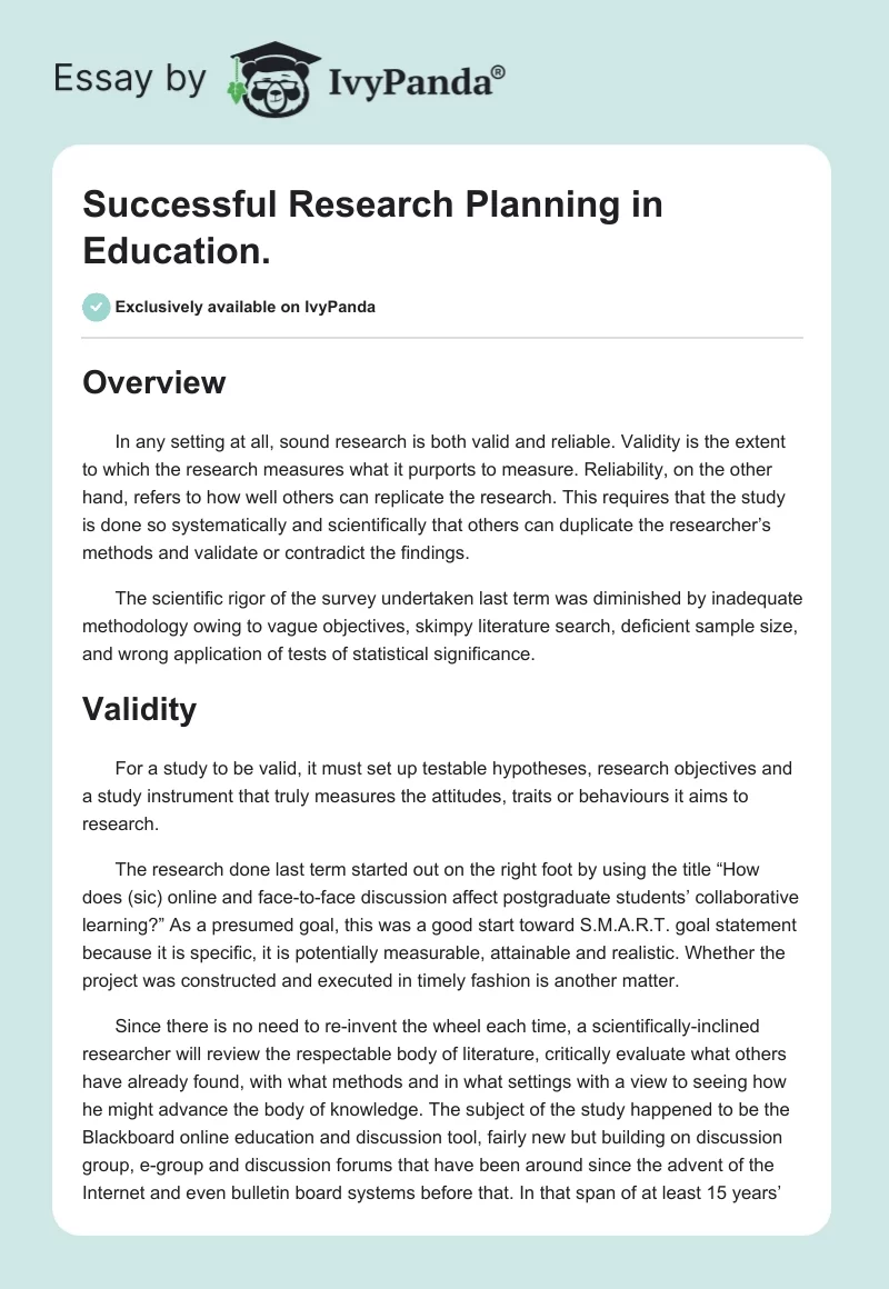 Successful Research Planning in Education.. Page 1