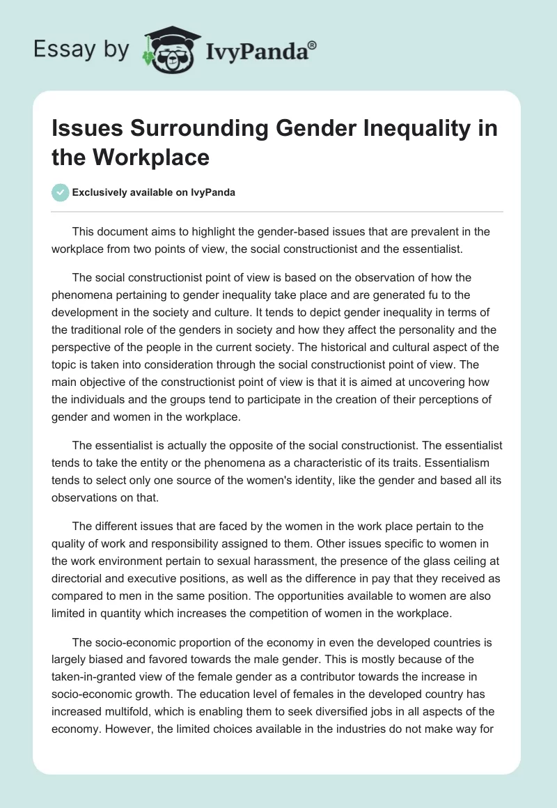 Issues Surrounding Gender Inequality in the Workplace. Page 1