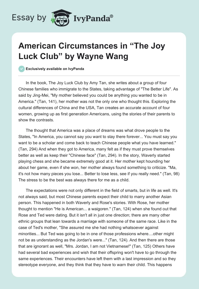 American Circumstances in “The Joy Luck Club” by Wayne Wang. Page 1