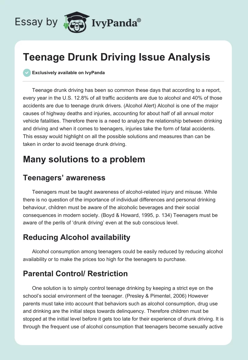 Teenage Drunk Driving Issue Analysis. Page 1