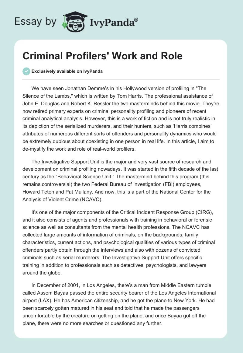 Criminal Profilers' Work and Role. Page 1