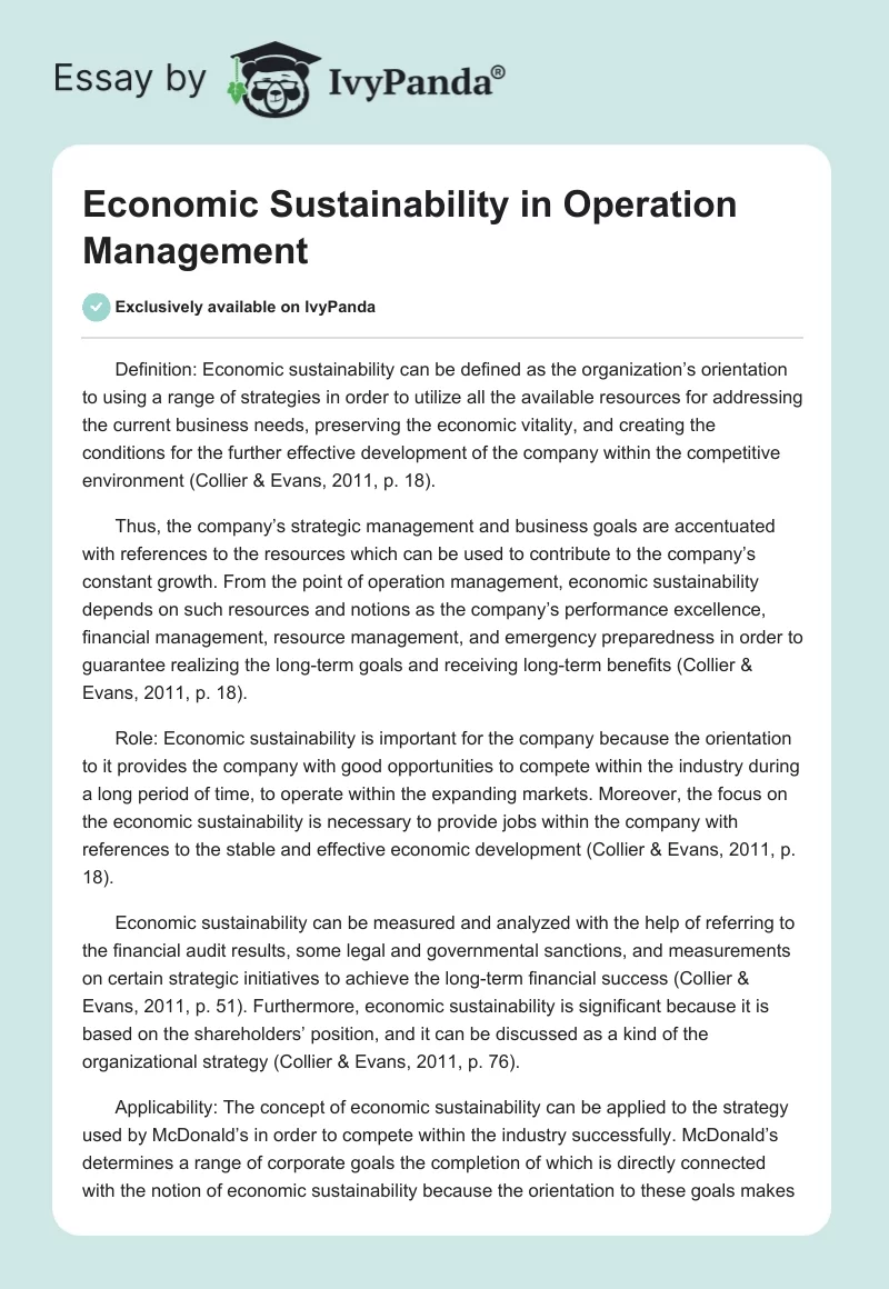 Economic Sustainability in Operation Management. Page 1
