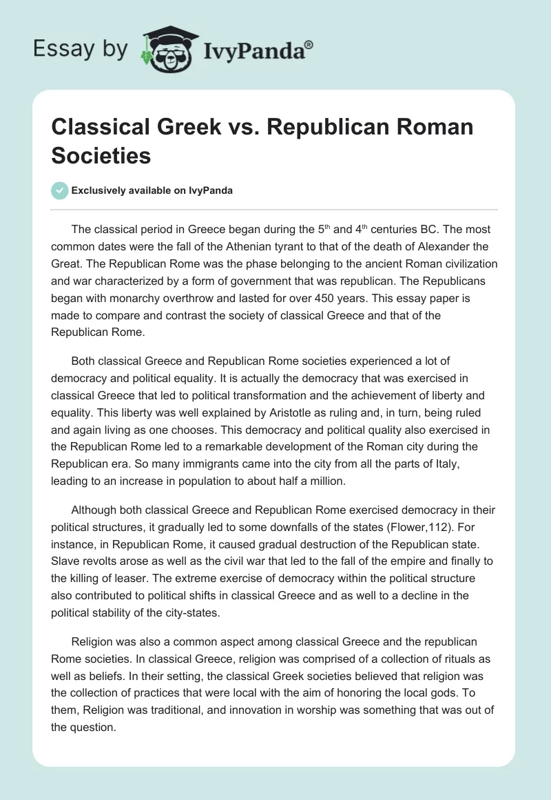 Classical Greek vs. Republican Roman Societies. Page 1