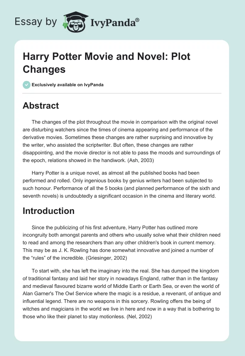 "Harry Potter" Movie and Novel: Plot Changes. Page 1