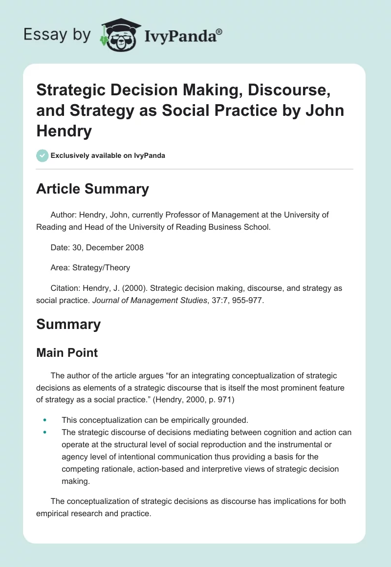 "Strategic Decision Making, Discourse, and Strategy as Social Practice" by John Hendry. Page 1