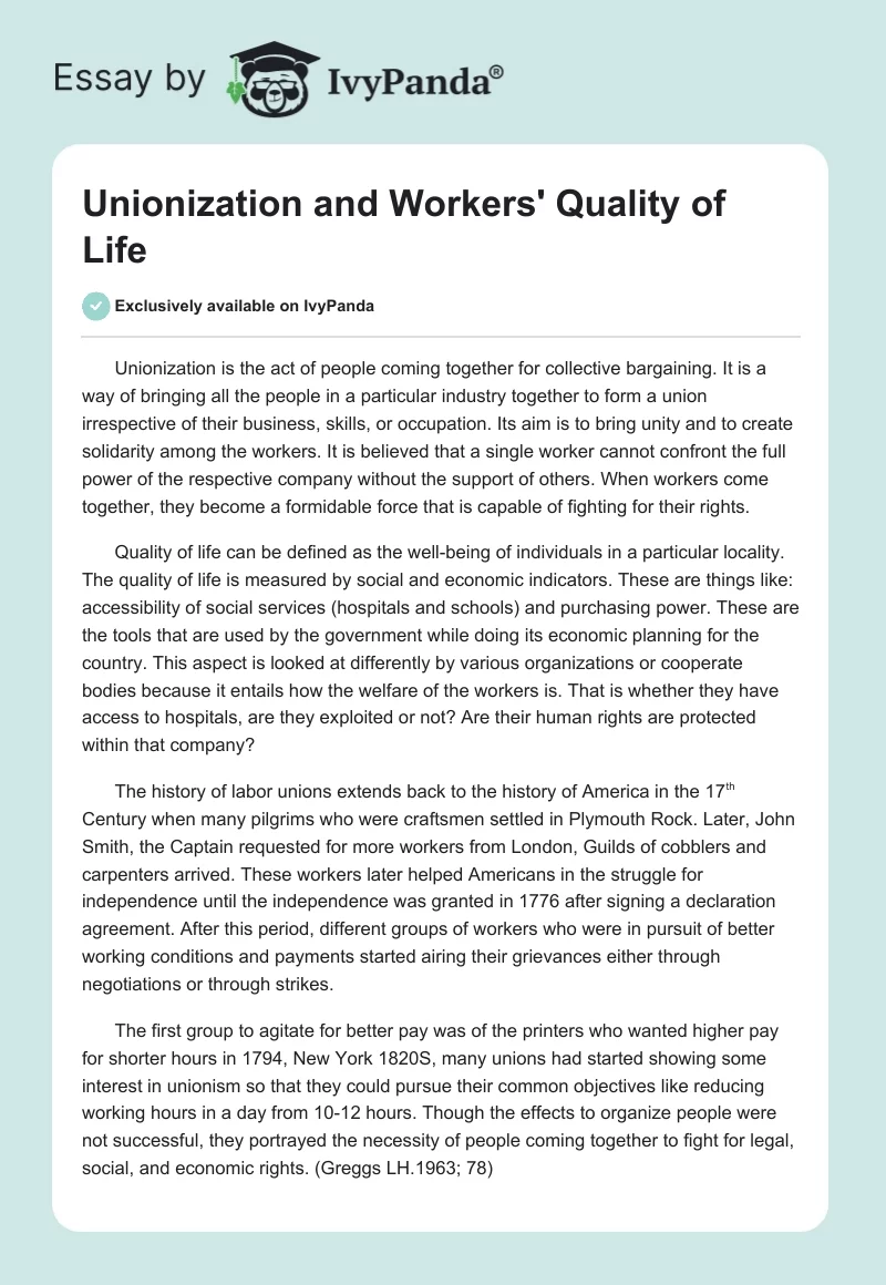 Unionization and Workers' Quality of Life. Page 1