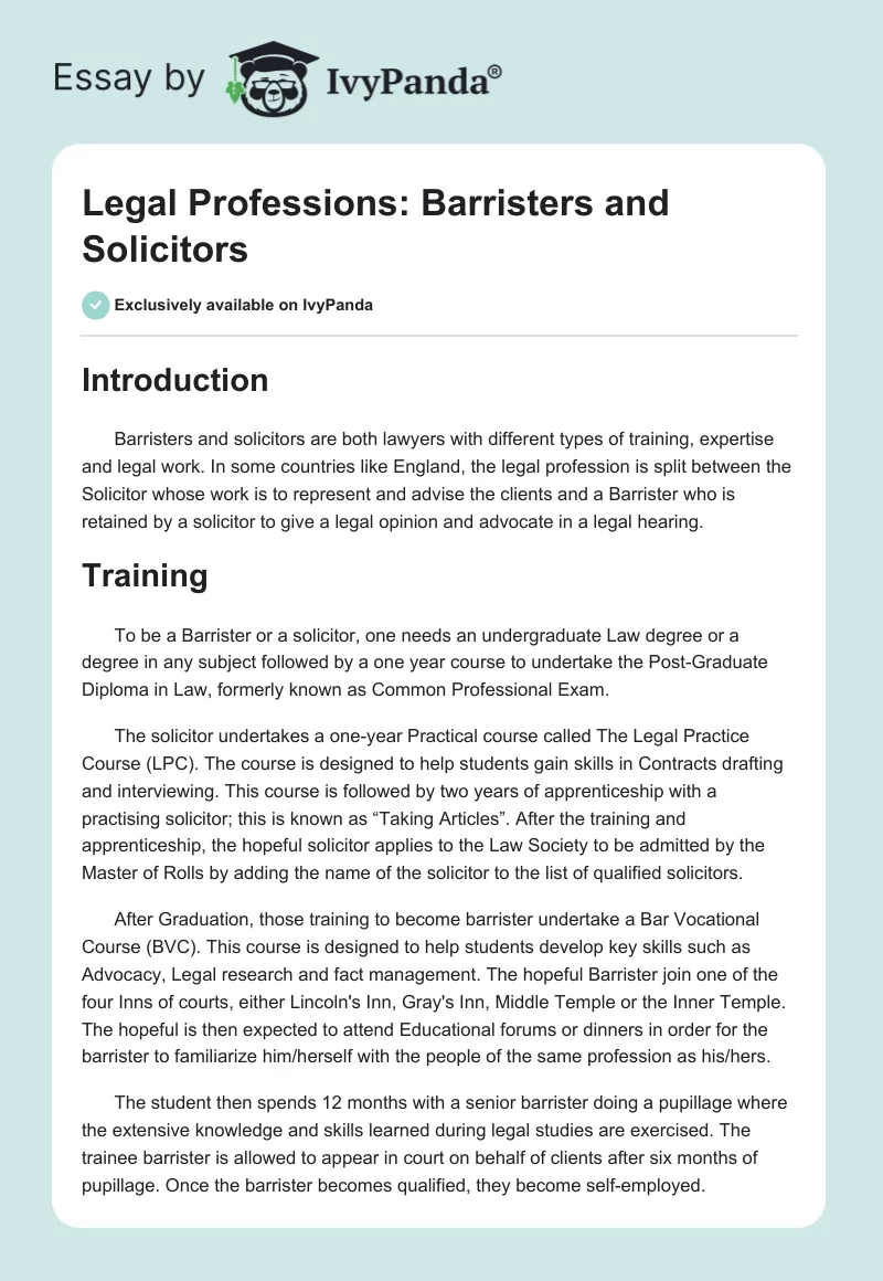 Legal Professions: Barristers and Solicitors. Page 1