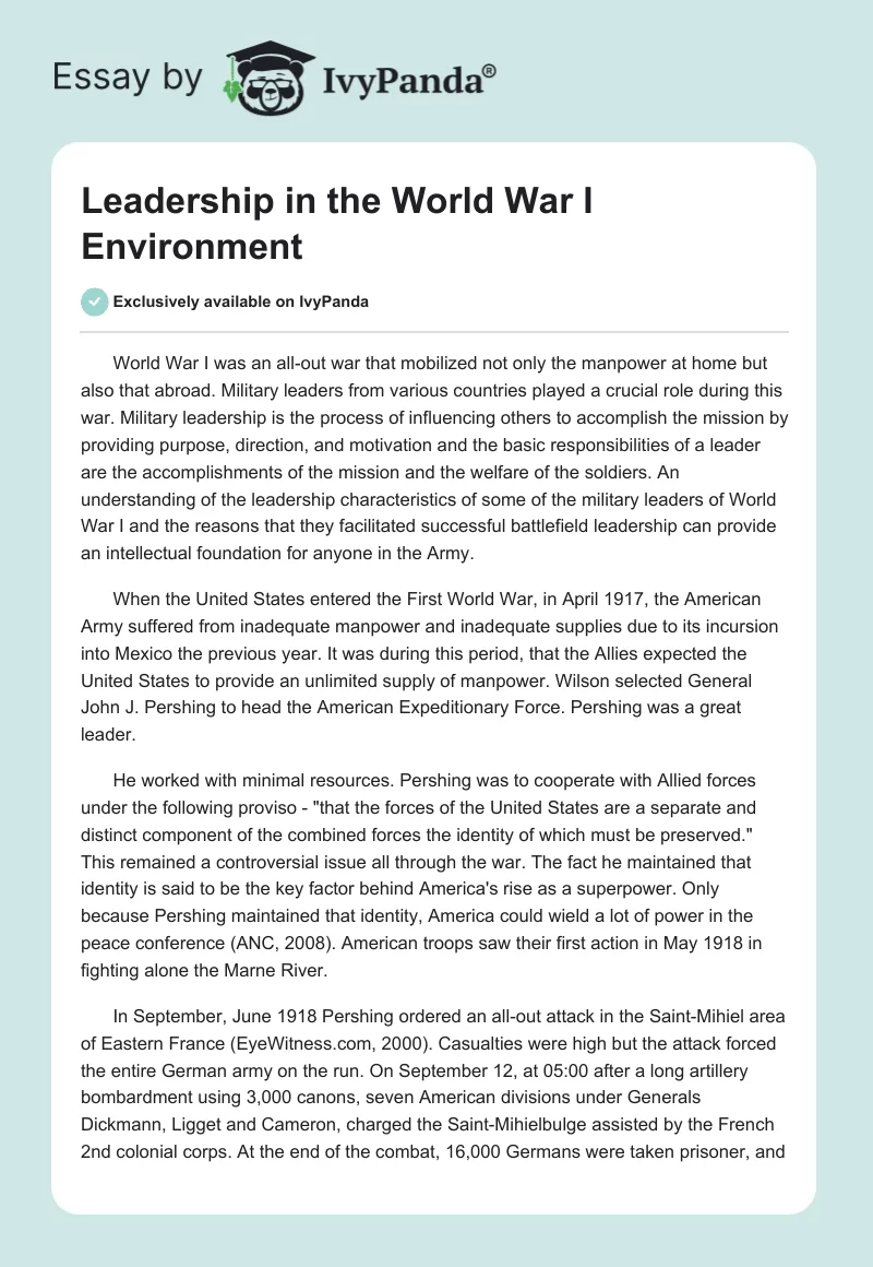 Leadership in the World War I Environment. Page 1