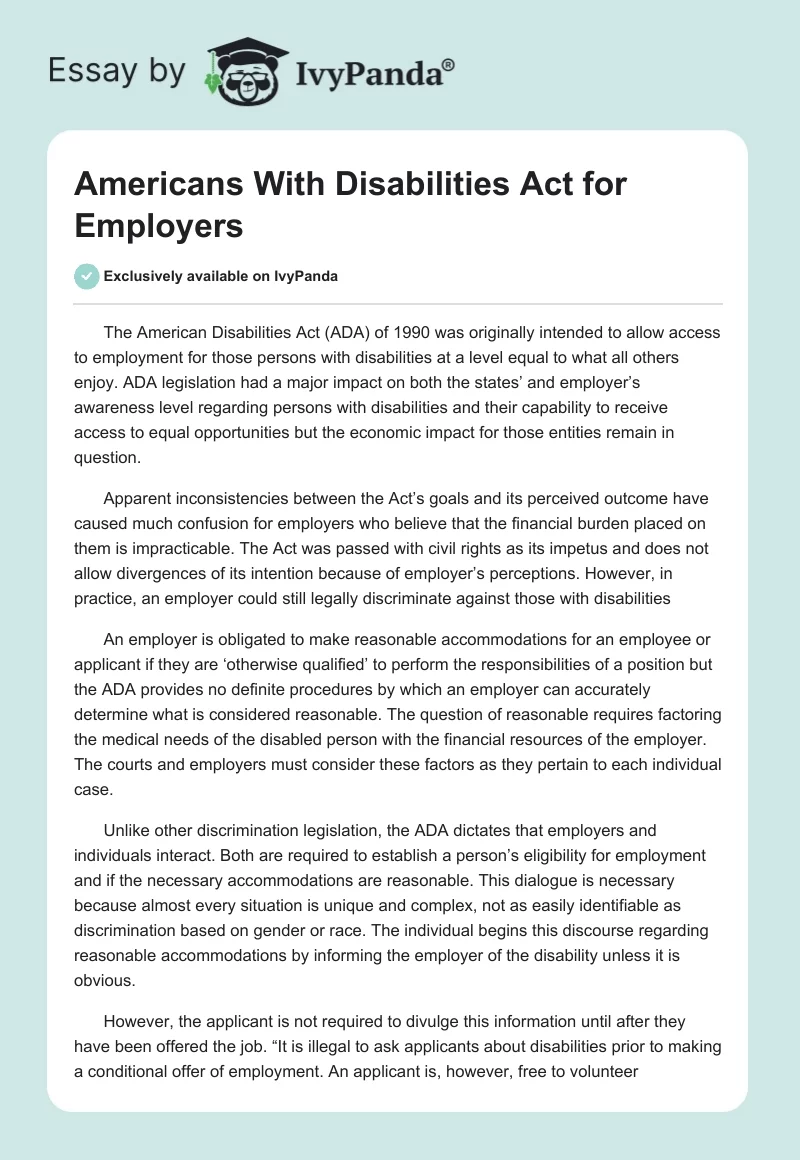 Americans With Disabilities Act for Employers. Page 1