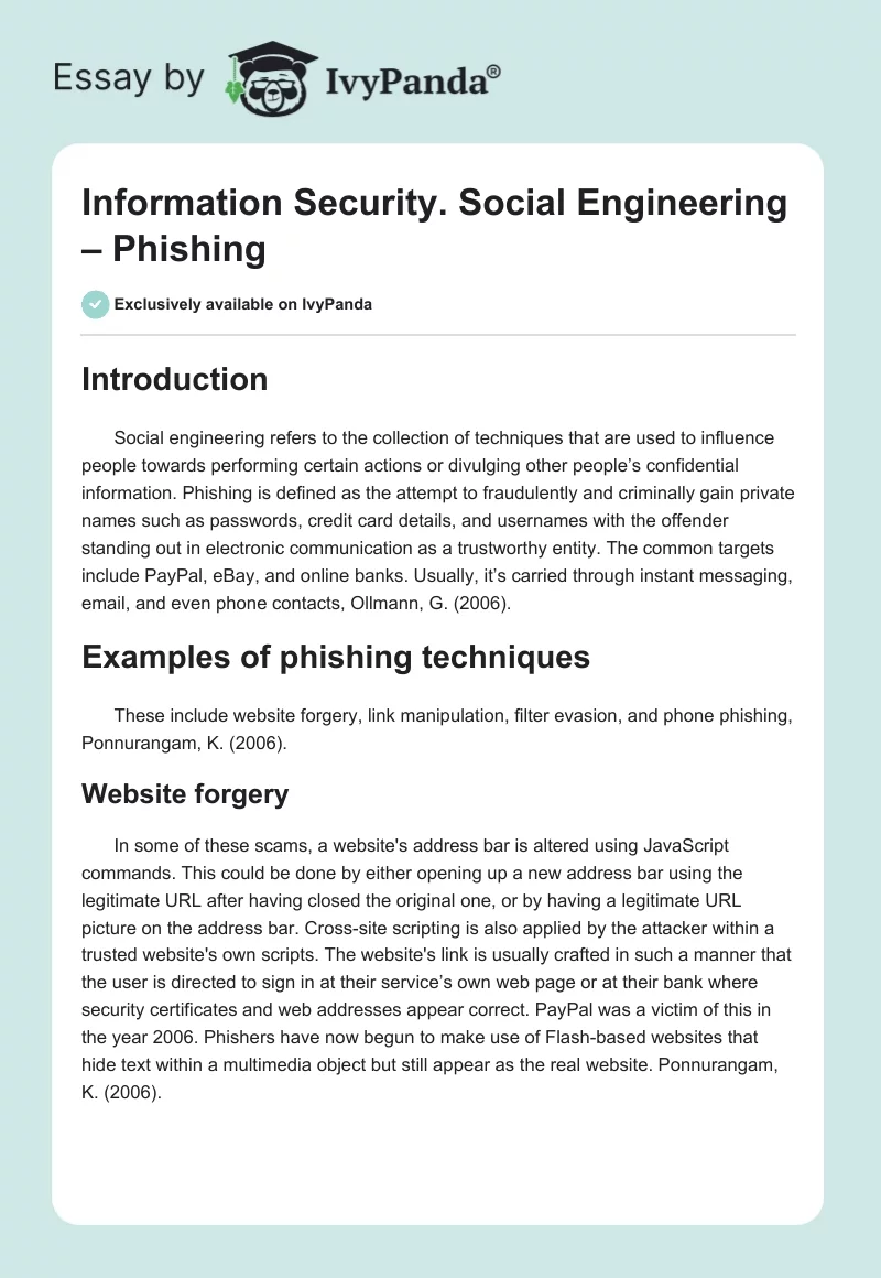 Information Security. Social Engineering – Phishing. Page 1