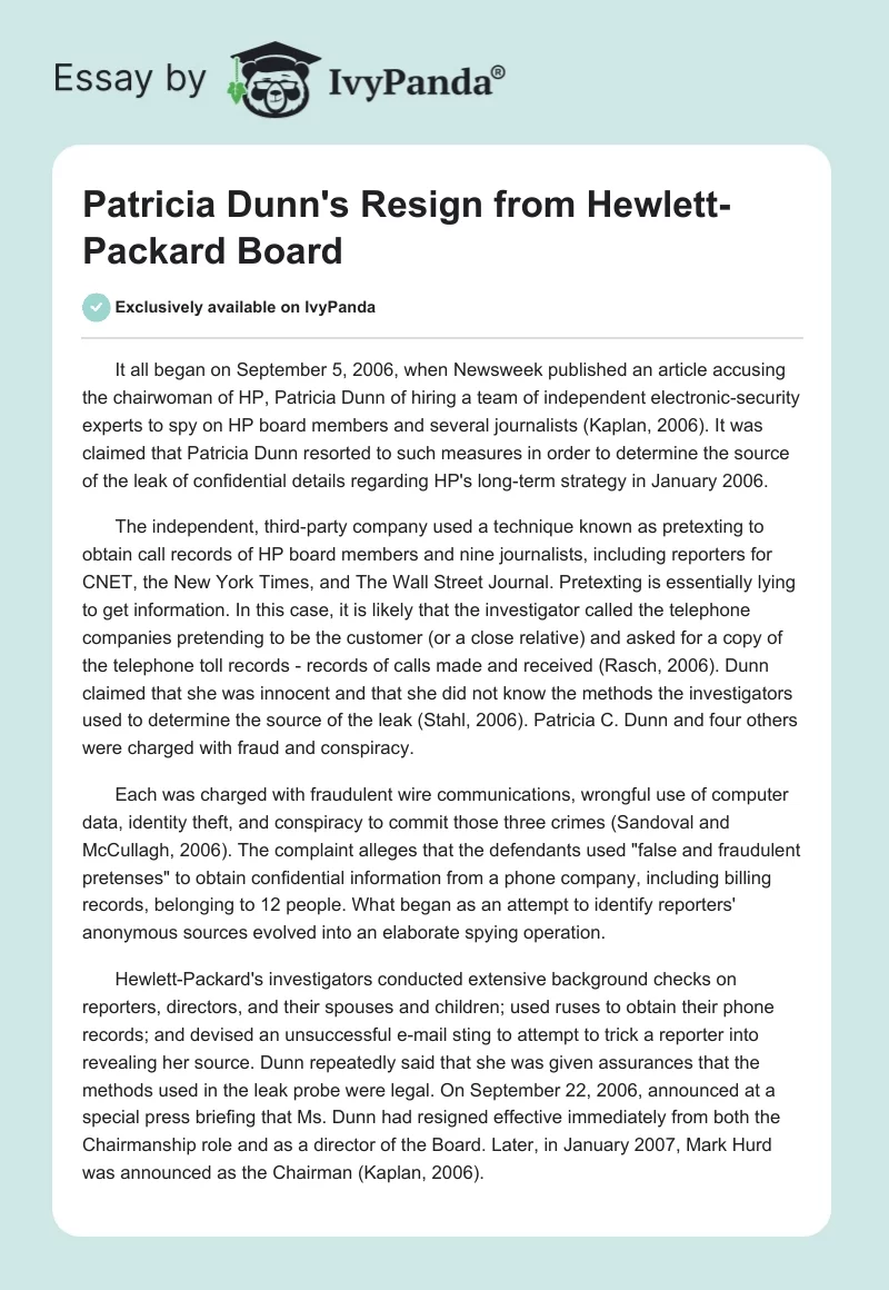 Patricia Dunn's Resign from Hewlett-Packard Board. Page 1