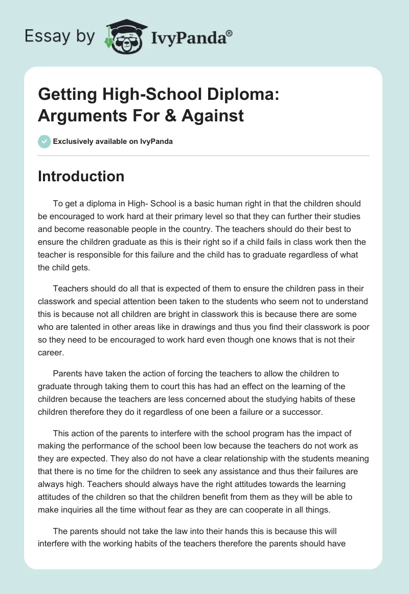 Getting High-School Diploma: Arguments For & Against. Page 1