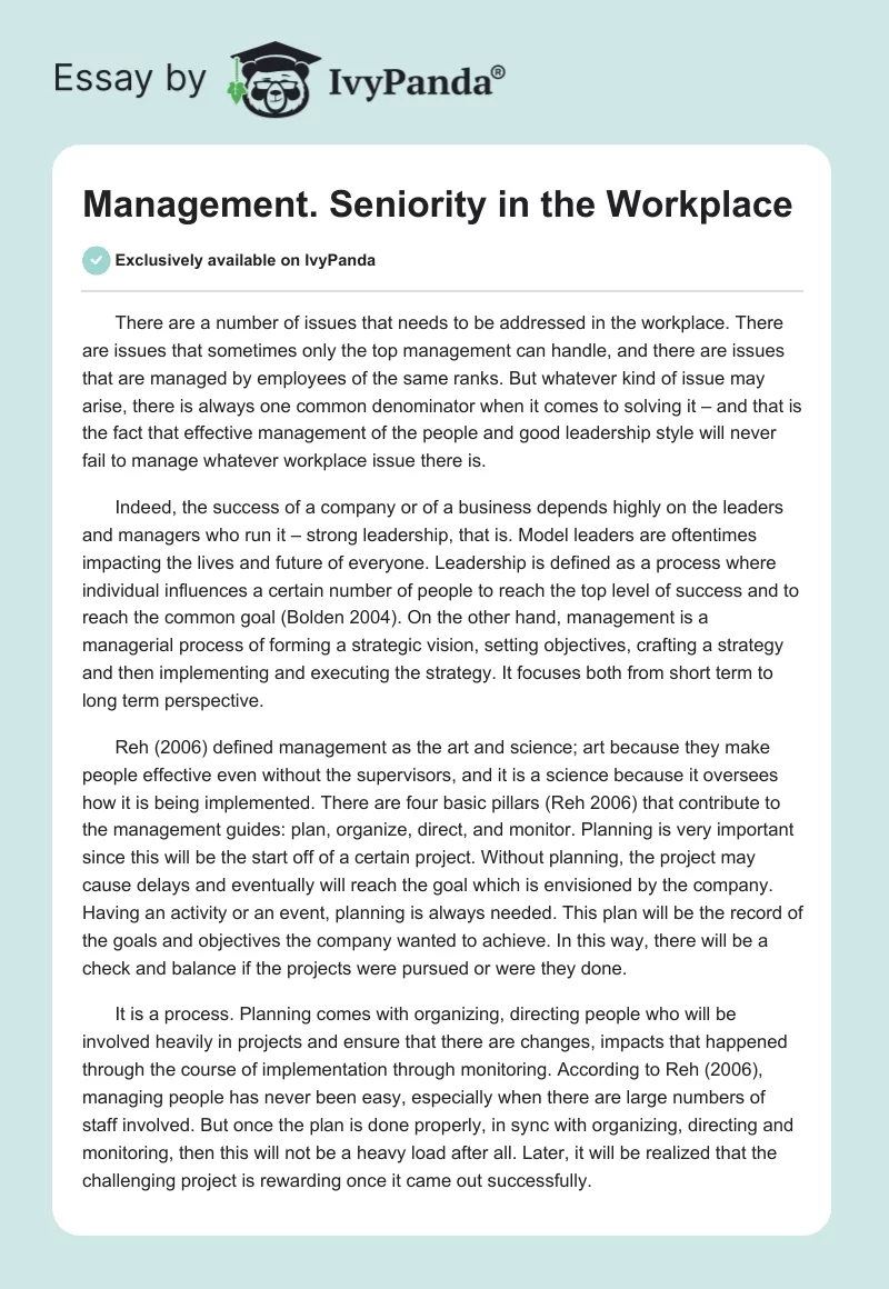 Management. Seniority in the Workplace. Page 1