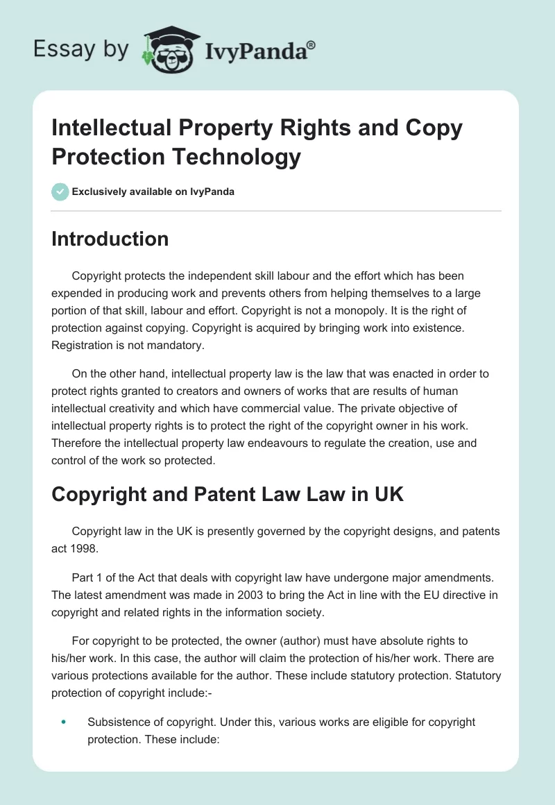 Intellectual Property Rights and Copy Protection Technology. Page 1