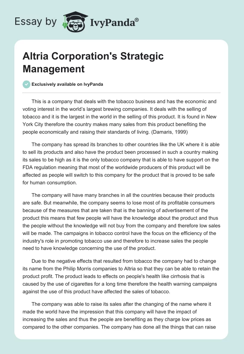 Altria Corporation's Strategic Management. Page 1