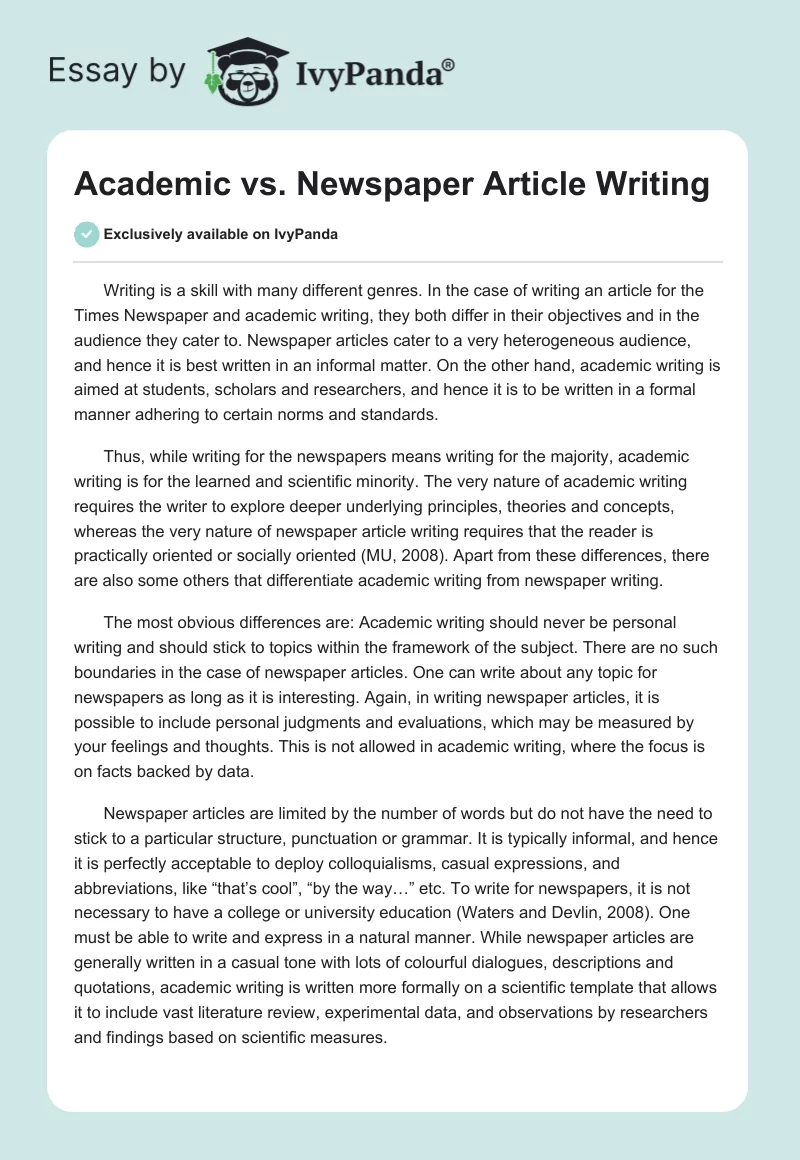 Academic vs. Newspaper Article Writing. Page 1